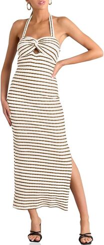 Wenrine Womens Summer Striped Halter Neck Dress Sexy Twist Front Cut Out High Split Casual Sleeveless Maxi Dress in Saudi Arabia