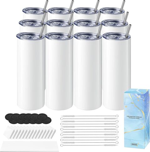 Hiipoo 18 Pack Sublimation Tumblers Blank 20 oz Straight Skinny with Sublimation Papers, Lids and Straws, Shrink Wrap Films, Stainless Steel Double Wall Insulated Tumbler for Mug Press Machine in Kuwait
