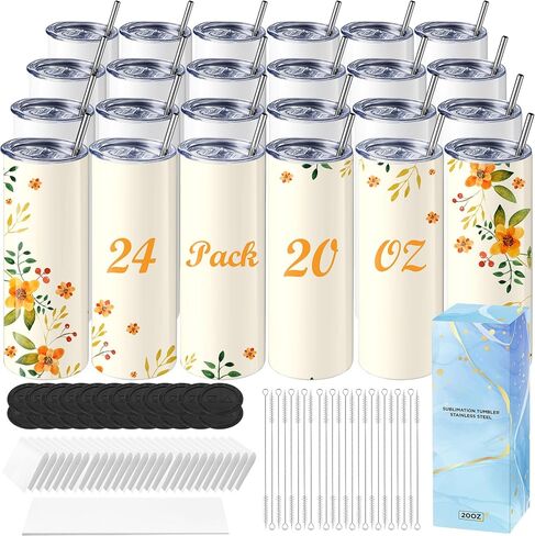 Hiipoo 18 Pack Sublimation Tumblers Blank 20 oz Straight Skinny with Sublimation Papers, Lids and Straws, Shrink Wrap Films, Stainless Steel Double Wall Insulated Tumbler for Mug Press Machine in Kuwait