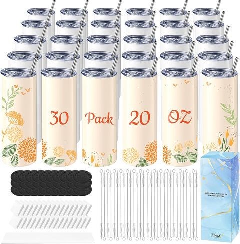 Hiipoo 18 Pack Sublimation Tumblers Blank 20 oz Straight Skinny with Sublimation Papers, Lids and Straws, Shrink Wrap Films, Stainless Steel Double Wall Insulated Tumbler for Mug Press Machine in Kuwait