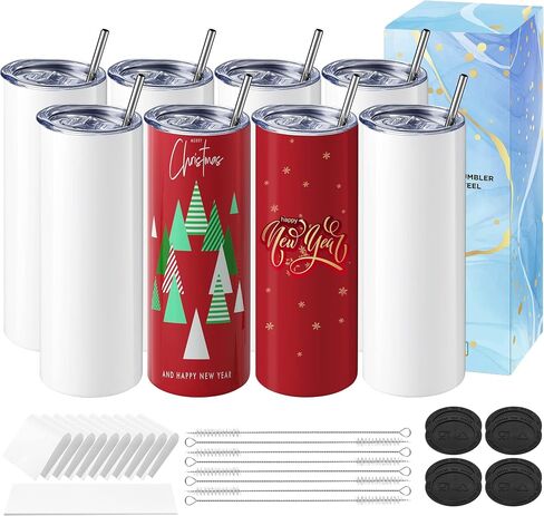 Hiipoo 18 Pack Sublimation Tumblers Blank 20 oz Straight Skinny with Sublimation Papers, Lids and Straws, Shrink Wrap Films, Stainless Steel Double Wall Insulated Tumbler for Mug Press Machine in Kuwait