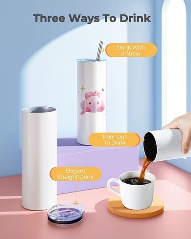 Hiipoo 18 Pack Sublimation Tumblers Blank 20 oz Straight Skinny with Sublimation Papers, Lids and Straws, Shrink Wrap Films, Stainless Steel Double Wall Insulated Tumbler for Mug Press Machine in Kuwait