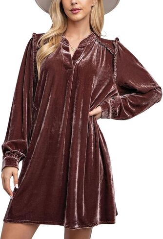 chouyatou Women's Long Sleeve Velvet Party Dress Frilly V-Neck Tunic Shift Short Dress with Pockets in Kuwait