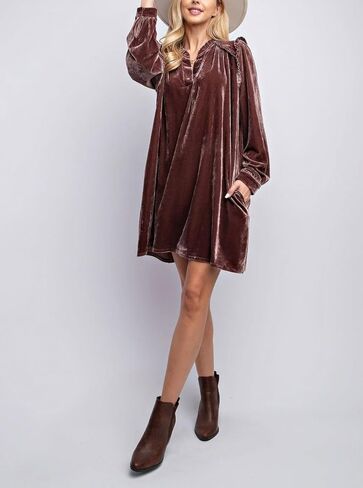 chouyatou Women's Long Sleeve Velvet Party Dress Frilly V-Neck Tunic Shift Short Dress with Pockets in Kuwait
