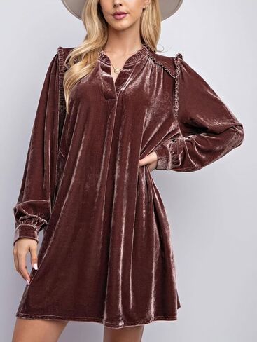 chouyatou Women's Long Sleeve Velvet Party Dress Frilly V-Neck Tunic Shift Short Dress with Pockets in Kuwait