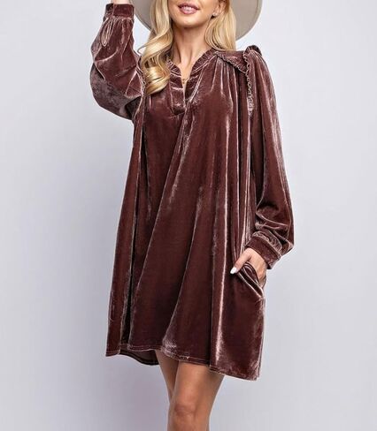 chouyatou Women's Long Sleeve Velvet Party Dress Frilly V-Neck Tunic Shift Short Dress with Pockets in Kuwait
