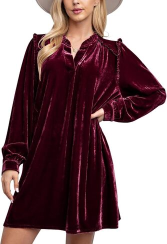 chouyatou Women's Long Sleeve Velvet Party Dress Frilly V-Neck Tunic Shift Short Dress with Pockets in Kuwait