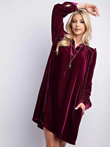 chouyatou Women's Long Sleeve Velvet Party Dress Frilly V-Neck Tunic Shift Short Dress with Pockets in Kuwait