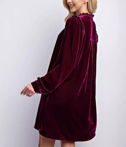 chouyatou Women's Long Sleeve Velvet Party Dress Frilly V-Neck Tunic Shift Short Dress with Pockets in Kuwait