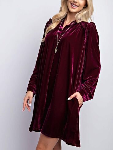 chouyatou Women's Long Sleeve Velvet Party Dress Frilly V-Neck Tunic Shift Short Dress with Pockets in Kuwait