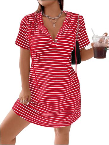 SHENHE Women's Plus Size Striped Drawstring Casual Short Sleeve Knee Length Hoodie Dress in Saudi Arabia