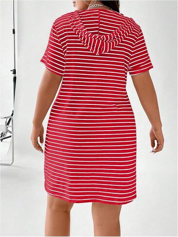 SHENHE Women's Plus Size Striped Drawstring Casual Short Sleeve Knee Length Hoodie Dress in Saudi Arabia