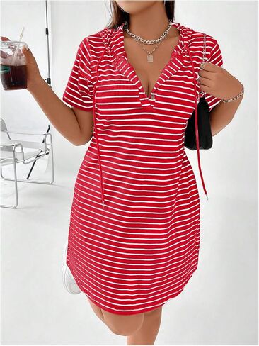 SHENHE Women's Plus Size Striped Drawstring Casual Short Sleeve Knee Length Hoodie Dress in Saudi Arabia
