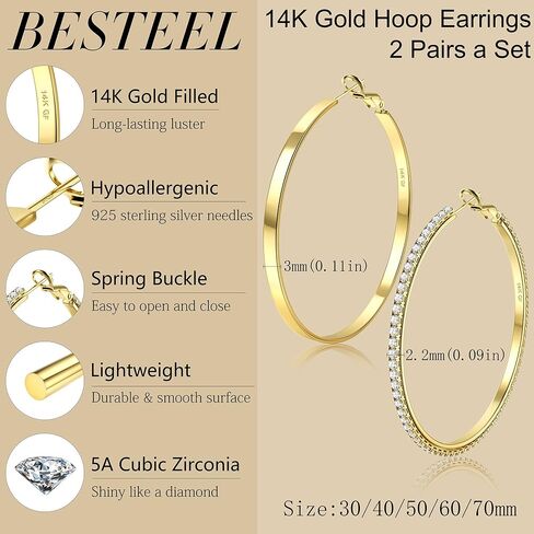 BESTEEL 2 Pairs 14K Gold Hoop Earrings for Women Hypoallergenic Sterling Silver Big Large Gold Hoops Set Thin Rhinestone Earrings Pack Lightweight 30/40/50/60/70mm in Kuwait