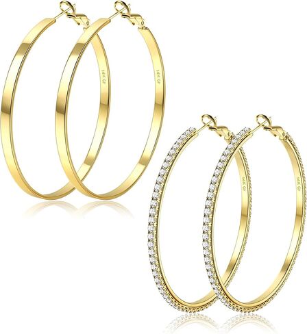 BESTEEL 2 Pairs 14K Gold Hoop Earrings for Women Hypoallergenic Sterling Silver Big Large Gold Hoops Set Thin Rhinestone Earrings Pack Lightweight 30/40/50/60/70mm in Kuwait