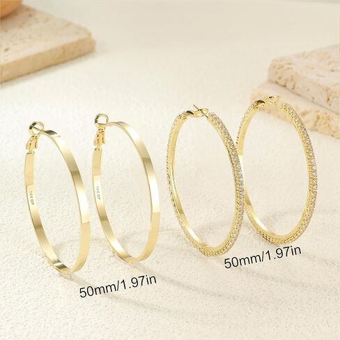 BESTEEL 2 Pairs 14K Gold Hoop Earrings for Women Hypoallergenic Sterling Silver Big Large Gold Hoops Set Thin Rhinestone Earrings Pack Lightweight 30/40/50/60/70mm in Kuwait