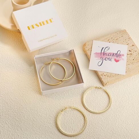 BESTEEL 2 Pairs 14K Gold Hoop Earrings for Women Hypoallergenic Sterling Silver Big Large Gold Hoops Set Thin Rhinestone Earrings Pack Lightweight 30/40/50/60/70mm in Kuwait