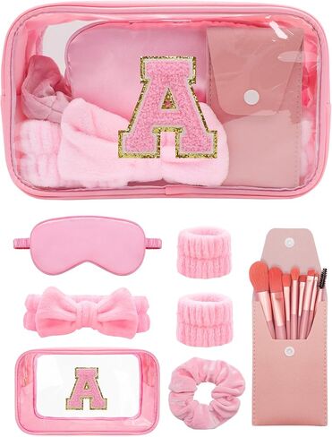 Gift Sets for Women, Initial Makeup Bag with Makeup Brush Set Bachelorette Party Favors, Pink Spa Kit with Skincare Headbands Wrist Bands Sleepover Party Supplies Gifts for Teen Girls Bridesmaid A in Kuwait
