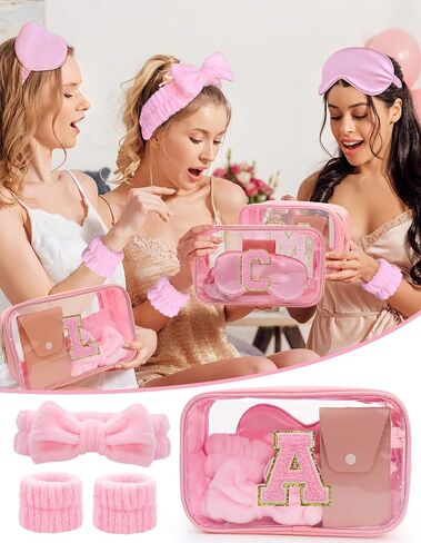 Gift Sets for Women, Initial Makeup Bag with Makeup Brush Set Bachelorette Party Favors, Pink Spa Kit with Skincare Headbands Wrist Bands Sleepover Party Supplies Gifts for Teen Girls Bridesmaid A in Kuwait