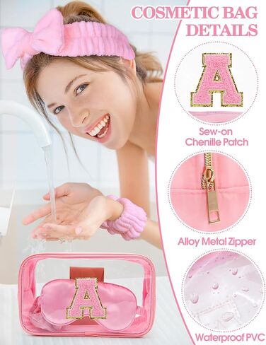 Gift Sets for Women, Initial Makeup Bag with Makeup Brush Set Bachelorette Party Favors, Pink Spa Kit with Skincare Headbands Wrist Bands Sleepover Party Supplies Gifts for Teen Girls Bridesmaid A in Kuwait