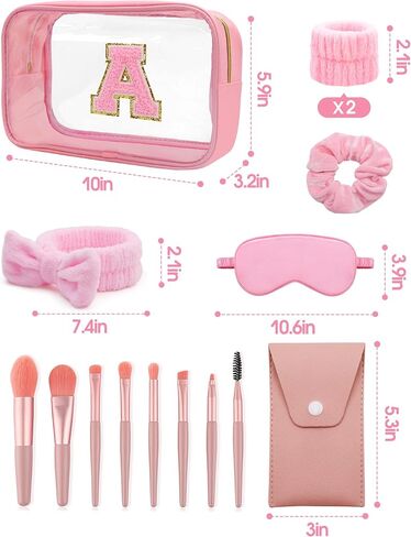 Gift Sets for Women, Initial Makeup Bag with Makeup Brush Set Bachelorette Party Favors, Pink Spa Kit with Skincare Headbands Wrist Bands Sleepover Party Supplies Gifts for Teen Girls Bridesmaid A in Kuwait