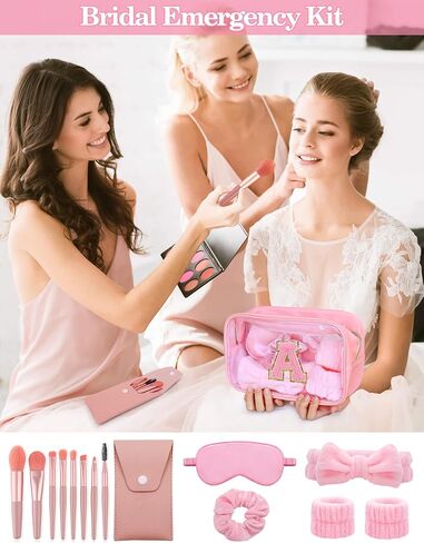 Gift Sets for Women, Initial Makeup Bag with Makeup Brush Set Bachelorette Party Favors, Pink Spa Kit with Skincare Headbands Wrist Bands Sleepover Party Supplies Gifts for Teen Girls Bridesmaid A in Kuwait