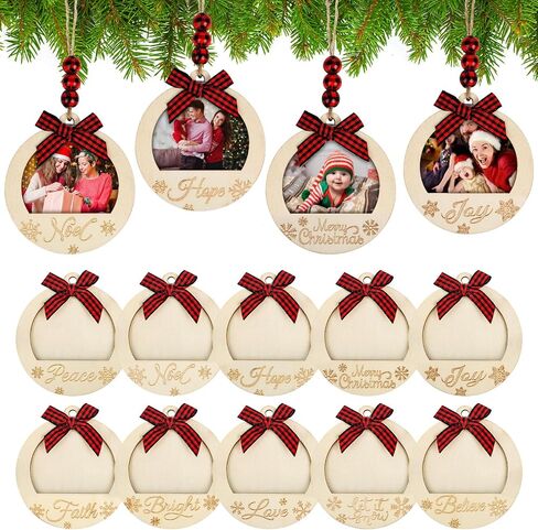 Christmas Picture Frame Ornament for Christmas Tree Stocking Decorations, 10PCS Bulk Wood Photo Hanging Ornaments Holiday Xmas Gift (Christmas Ball) in Kuwait