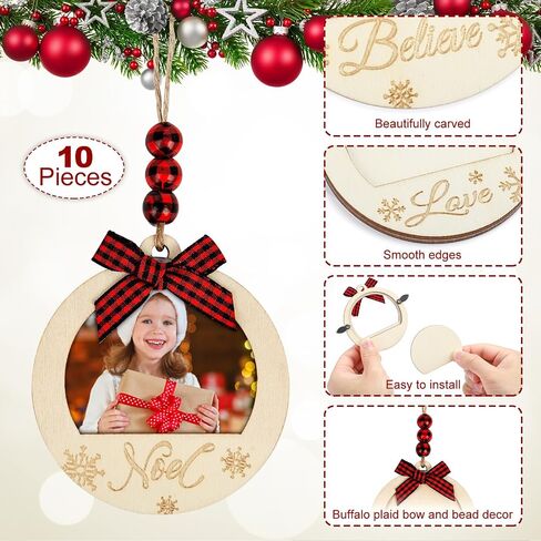 Christmas Picture Frame Ornament for Christmas Tree Stocking Decorations, 10PCS Bulk Wood Photo Hanging Ornaments Holiday Xmas Gift (Christmas Ball) in Kuwait