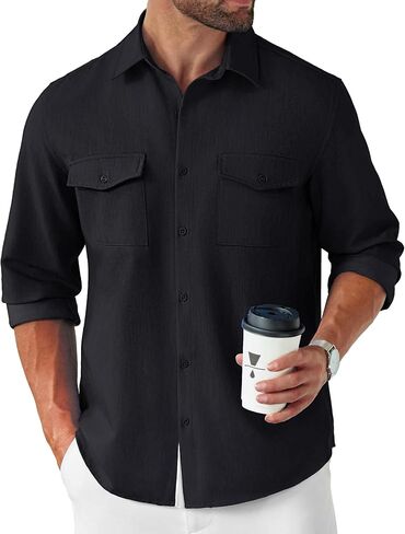 COOFANDY Men's Casual Button Down Shirt Long Sleeve Untucked Shirt Stretch Denim Dress Shirt with Pockets in Saudi Arabia