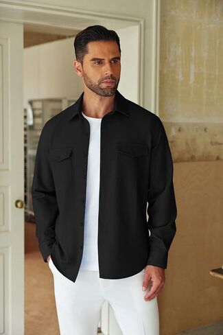 COOFANDY Men's Casual Button Down Shirt Long Sleeve Untucked Shirt Stretch Denim Dress Shirt with Pockets in Saudi Arabia