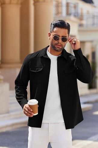 COOFANDY Men's Casual Button Down Shirt Long Sleeve Untucked Shirt Stretch Denim Dress Shirt with Pockets in Saudi Arabia