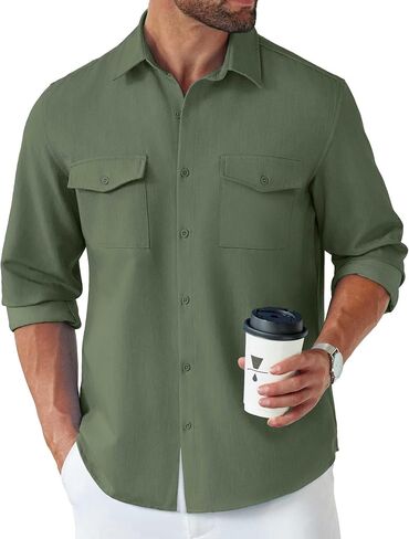 COOFANDY Men's Casual Button Down Shirt Long Sleeve Untucked Shirt Stretch Denim Dress Shirt with Pockets in Saudi Arabia