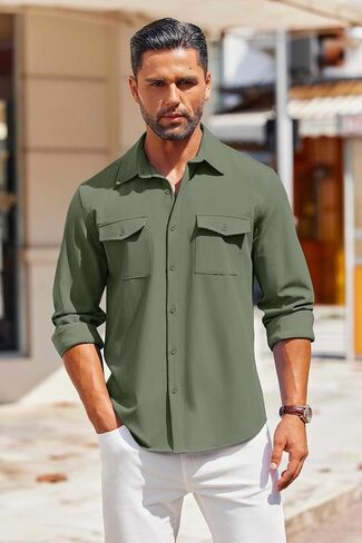 COOFANDY Men's Casual Button Down Shirt Long Sleeve Untucked Shirt Stretch Denim Dress Shirt with Pockets in Saudi Arabia