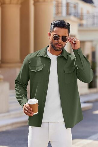 COOFANDY Men's Casual Button Down Shirt Long Sleeve Untucked Shirt Stretch Denim Dress Shirt with Pockets in Saudi Arabia