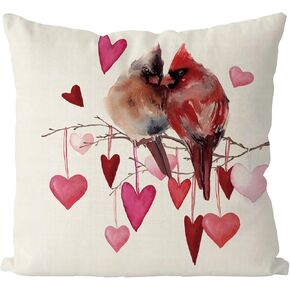 GAGEC Valentines Day Pillow Covers 18x18 Inch Cardinal Birds Love Hearts Farmhouse Sofa Throw Pillowcase Cushion Case Home Decoration Wedding Anniversary Decor
