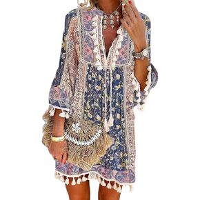yoeasy Women Print V Neck Tassel 3/4 Sleeve Knit Shift Dress Bohemian Casual Knee Length Dress