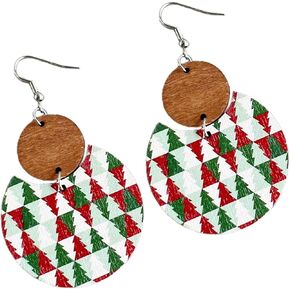 Colorful Christmas Plaid Round Wooden Dangle Earrings Dainty Christmas Plaid Snowflake Deer Tree Flower Print Earrings for Women Girls Jewelry