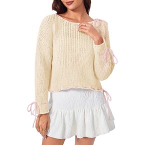 Saodimallsu Womens Bow Sweater Boat Neck Long Sleeve Y2k Cute Lace Up Loose Pullover Tops