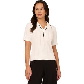 Adrianna Papell Women's Open V-Neck Polo Mix Rib Cable Sweater with Short Sleeves