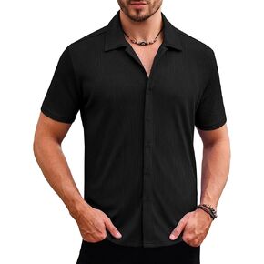 Mens Ribbed Knit Button Down Shirt Short Sleeve Stretch Summer Beach Shirt with Pocket
