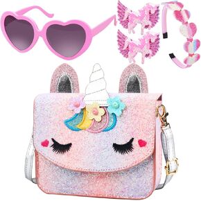 Unicorn Purse for Little Girls,Toddlers Crossbody Bags Kids with Accessories Cute Flap Bag Kids,Sunglass for Girls