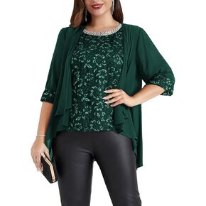 Hanna Nikole Plus Size Mother of Bride Outfit 2 Piece Set Beaded Crew Neck Lace Sleeveless Tops and 3/4 Sleeves Cardigan