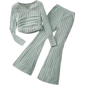 WDIRARA Girl's 2 Piece Outfits Notched V Neck Ruched Long Sleeve Tee and Flare Leg Rib Knit Pants Set