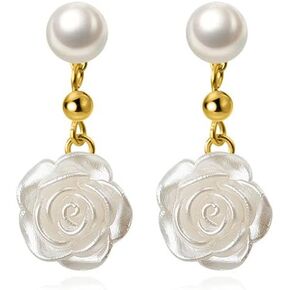Reffeer Solid 925 Sterling Silver Flower Drop Earrings Dangle for Women Teens Imitation Pearl Drop Earrings Flower Camellia