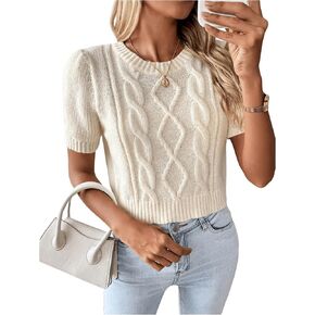 SweatyRocks Women's Crewneck Short Sleeve Crop Sweater Cable Knit Pullover Tops