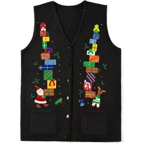 Women Christmas Knit Vest Top Santa Embroidery Sleeveless Button Down Sweater Vest Xmas Snowman Cardigans Tank Top