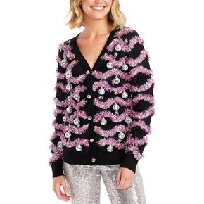 Tipsy Elves Classic Cute Cardigan Ugly Christmas Sweaters for Women with Fun Patterns and Animals - Women's Colorful Black Deck The Disco Balls Christmas Cardigan Size X-Large