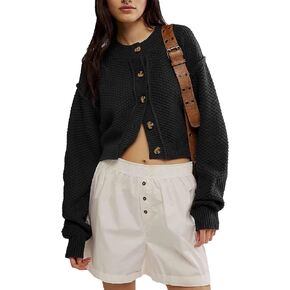 Women's Oversized Cropped Cardigan Sweater Open Front Long Sleeve Button Down Knit Outwear