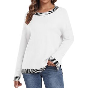 PrinStory Women's Long Sleeve Sweaters Loose Fit Crewneck Pullover Tops with Side Slits 2024 Fall Outfits Fashion Clothes
