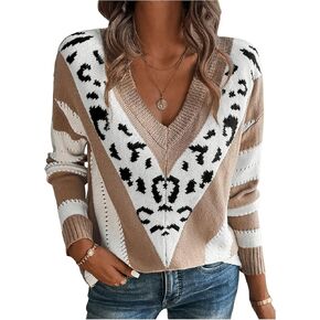 MakeMeChic Women's Leopard Print V Neck Sweater Long Sleeve Color Block Knit Tops